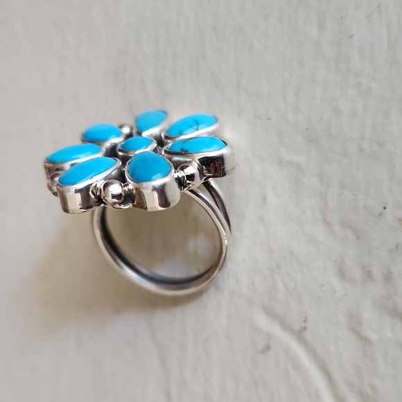 NWOT Native American Navajo Turquoise & Sterling Flower Cluster Ring 🩵💍🎁 - Picture 2 of 11